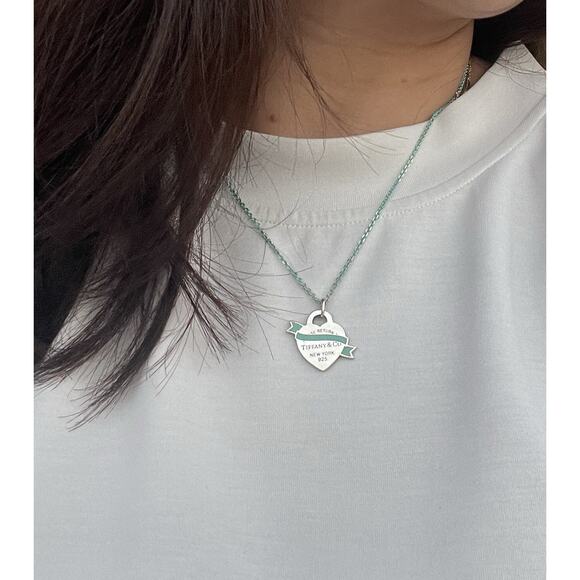 Return To Tiffany Co. Blue Enameled Banner Heart Tag Pendant Necklace - Silver - Picture 2 of 5